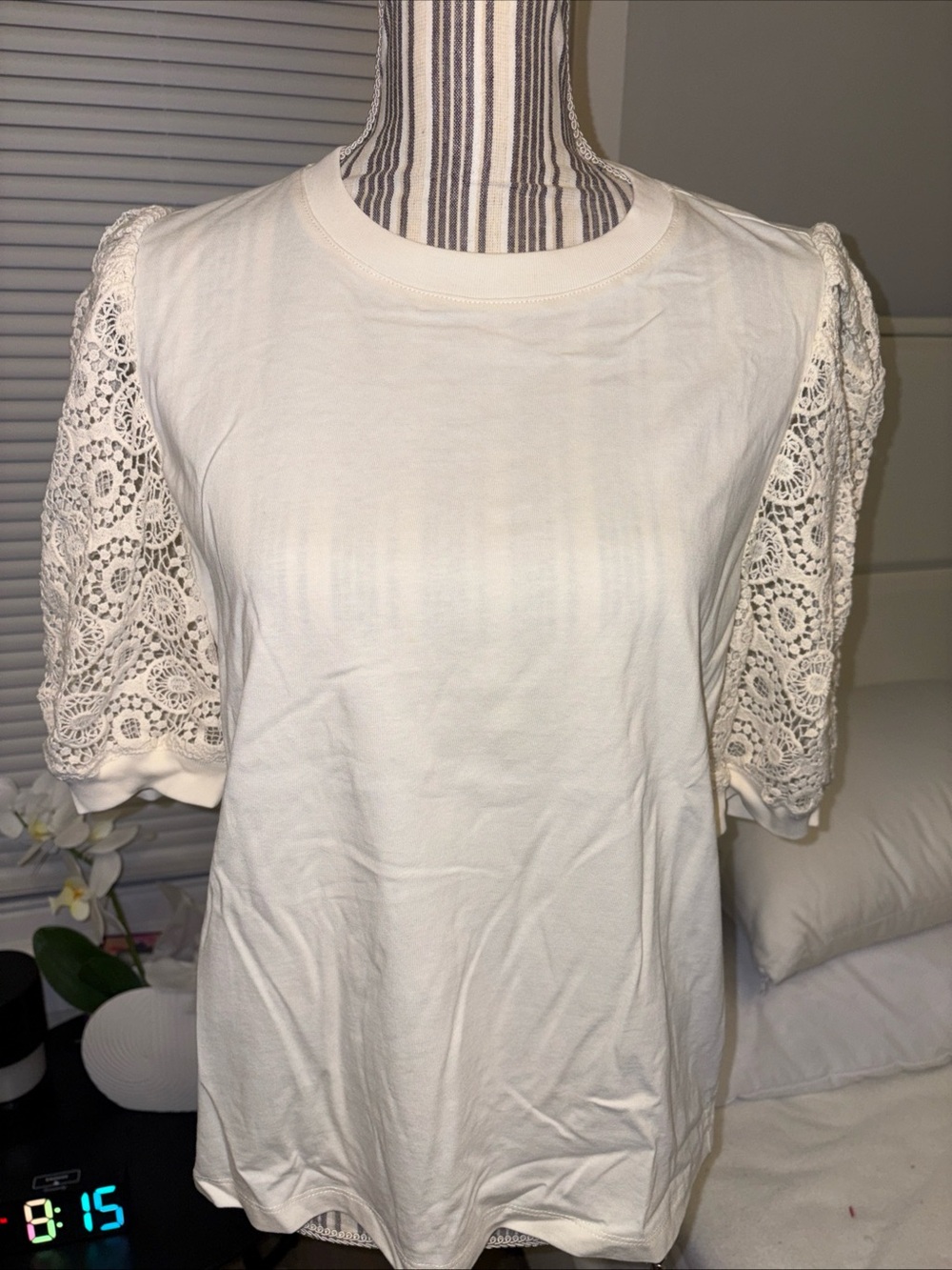 Frame Denim Ivory Lace Sleeve Short Sleeve Tee Top - Picture 6 of 12